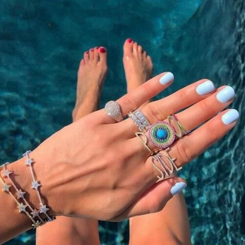 2021 Open Adjusted Initial Letter New Design Women Fashion Jewelry Colorful Cz Paved Letter Alphabet Ring Gold Rainbow