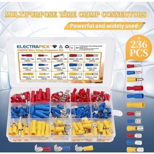 236Pcs Assorted Spade Fast Terminals Insulated Cable Connector Electrical Wire Crimp Butt Ring Fork Set Ring Lugs Rolled Kit