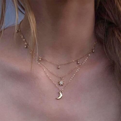3 Pcs/Set Fashion Moon Star Beads Crystal Pendant Multilayer Necklace Women Gold Necklace Set Jewelry Gift Girl Clavicle Chain