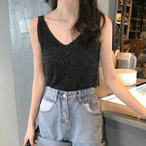Shiny Green Tops for Women V Neck Crop Tops Sexy Knitting Streetwear Party Club INS Tank Top Caim Korean Style Sleeveless Tshirt
