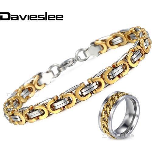 Stainless Steel Gold Silver Color Bracelet Ring Jewelry Set for Men Byzantine Link Chain Bracelet Wedding Ring Set KB258 KR144
