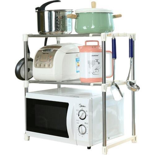 BYN 2 Tiers Telescopic Stainless Steel Kitchen Appliances Microwave Oven Shelf with Cookware Hook Organizer Storage Rack DQ0826