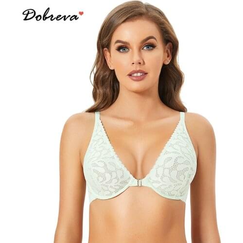 DOBREVA Womens Lace Bra Front Closure Bralette Underwire Unlined Plunge Bra