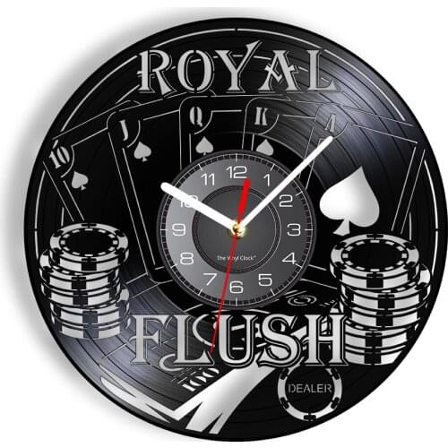 Royal Flush Decorative Wall Clock Spades Gamble Room Poker Cards Vinyl Record Wall Watch Las Vegas Gamble Cards New Year Gifts