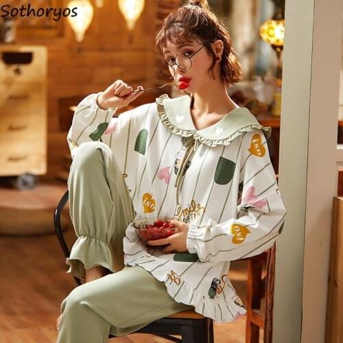 Pajama Sets Women Peter Pan Collar Bow Kawaii Cartoon Ruffles Elastic Waist Homewear Cozy Comfortable Sleepwear Leisure Baggy