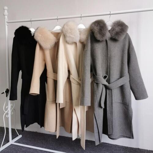 Janefur Long Cashmere Fur Coat Fashion Winter Women Wool Coat Trends Belt Fox Fur Hooded Jacket