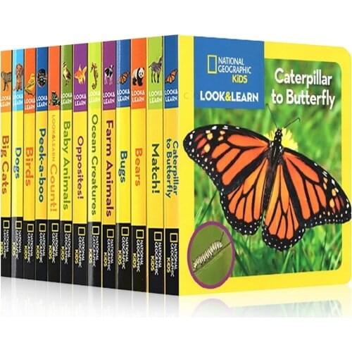 12 Books/Set National Geographic English Popular Science picture book Baby Kids CardBoard Book for Learning Encyclopedia Animals