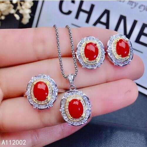 KJJEAXCMY fine jewelry natural red coral 925 sterling silver new women pendant earrings ring set support test luxury hot selling