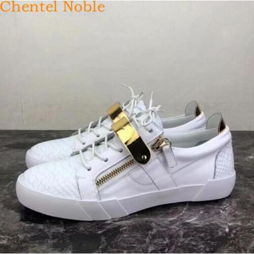 Brand Chentel Noble Leather White Color Men Casual Shoes Party Metal Band Men High Quality Flats Tenis Masculino Big Size