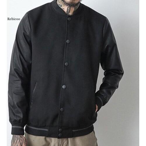 Men PU Leather Sleeve Woollen Varsity Baseball Jacket Stand Collar Black Preppy Japan Style Male Outerwear Autumn