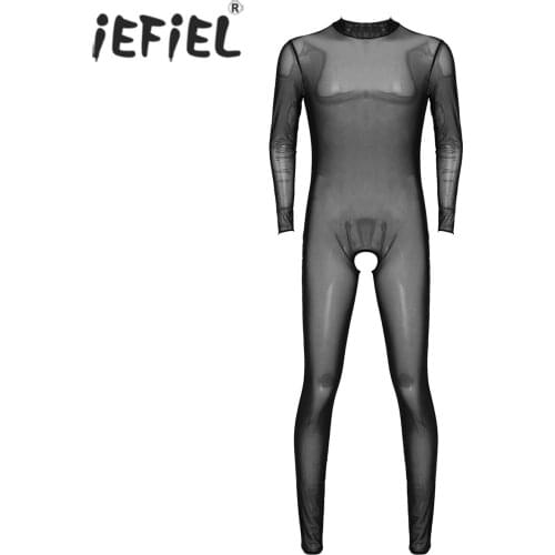 Men Skinny Mesh See-through Jumpsuits Sissy Nightwear Thin Tights Crotchless Lingerie Bodysuit Long Sleeve High Neck Catsuit