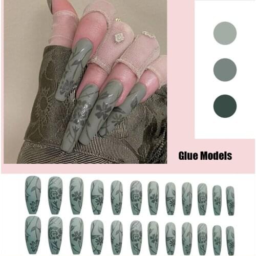 24pcs Green Floral Nail Extension Patch False Nail Set Waterproof Nail Art Supplies MH88