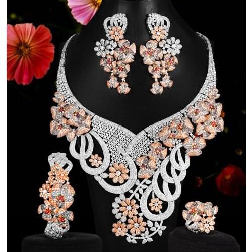 Blachette Original Luxury Romantic Blooming Flowers Big Necklace Bracelet Ring Earrings Jewelry Set Bridal Wedding Banque Party