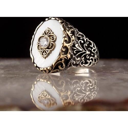 Pearl 925 Sterling Silver Engraved Traditional Handmade Turkish Signet Rings Rock Jewelry Gift for Women Men