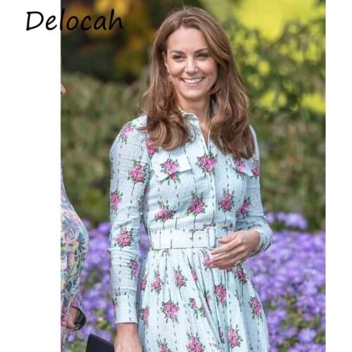 Delocah Women Summer Fashion Designer Party A-Line Dress Sashes Pockets Lantern Sleeve Floral Print Ladies Midi Dresses vestidos