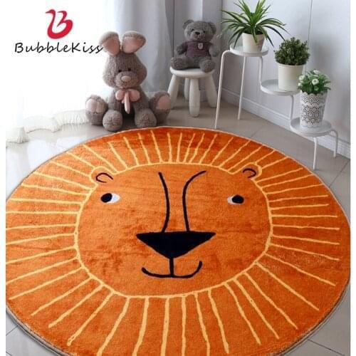 Bubble Kiss Lion Round Carpets For Bedroom Orange Lamb Wool Floor Mats Home Kids Bedside Decor Rugs Thick Soft Anti Slip Carpet