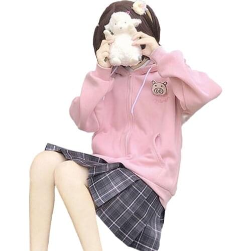 Oversized Zip Up Hoodies Y2k Kawaii Pink Clothes Korean Piggy Embroidered Sweatshirt Tops 2021 Fashion Women Clothing