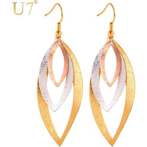 U7 Brand Big Earrings Statement Jewelry Hot Fashion Multi-Tone Rose Gold/Yellow Gold Color Long Drop Earrings For Women E702