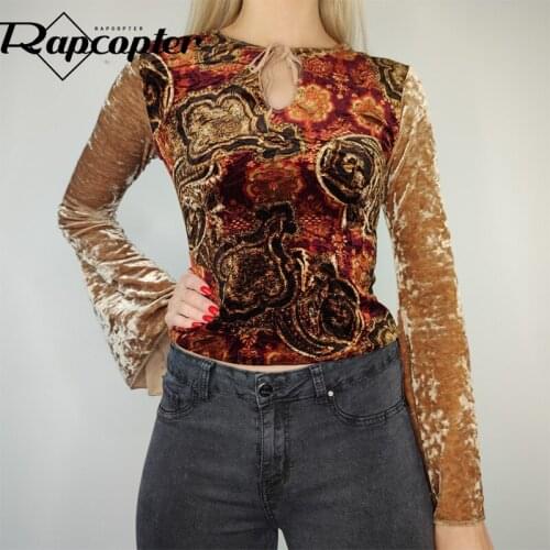 Women Casual Harajuku Tee Velvet Floral Crop Top y2k Vintage T Shirt Long Sleeve O Neck Pullovers Cut Out Slim Tshirt