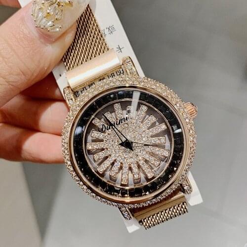 Diminis New Mesh Red Magnetic Suction Strap Watches Diamond Womens Watch Personality Watch Rotation Comes To Run Ladies' Watch