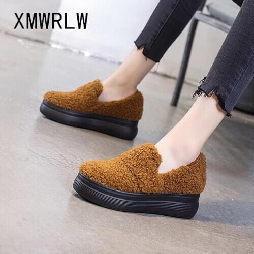 XMWRLW Womens Winter Flat Shoes Casual Slip on Warm Plush Women Loafers Thick Sole Ladies Autumn Winter Shoes Woman Loafers