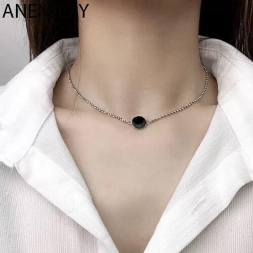 ANENJERY 925 Sterling Silver Black Dot Star Necklace Simple Asymmetric Splicing Chain Necklace For Women Party Jewelry S-N680