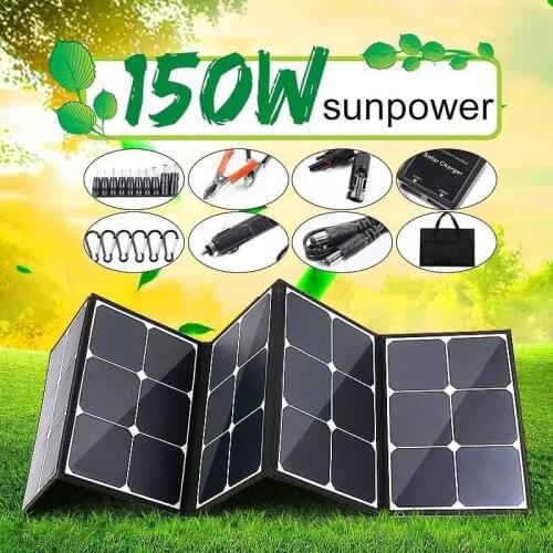 150W Foldable Solar Panel 18V/5V Portable Battery Charger Dual USB Outdoor Waterproof Power Bank for Phone PC Car RV Boat