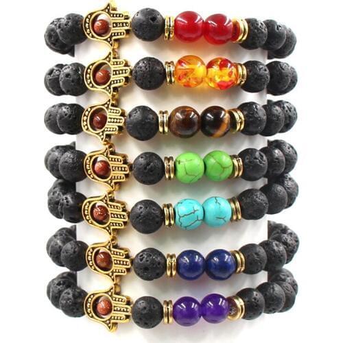 8MM 7 Chakras Black Lava Stone Bracelets DIY Aromatherapy Essential Oil Diffuser Bracelet Vintage Gold Palm Charms Yoga Jewelry