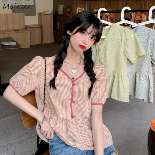 Blouse Women 4-colors Plaid Lovely Loose Puff Sleeve Female Tops Retro Students Sweet Ruffles V-neck Summer Teens Korean Style