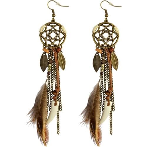 Bohemian Hollow Dream Catcher Leaf Feather chain tassel Earrings For Women Indian Jewelry Natural Stone Drop Dangle Gypsy Earrin