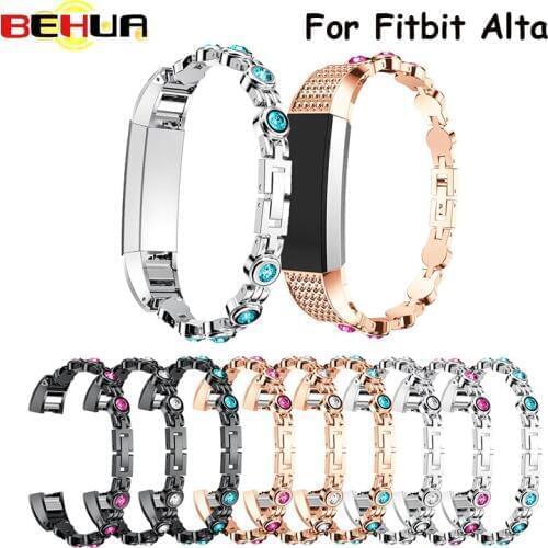 Genuine Stainless Steel Watch Bracelet wrist Band Strap For Fitbit Alta with bling pink Rhinestones Watchband Correas de reloj