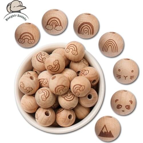 50pcs 16mm Beech Beads Wooden Teether for Newborn Baby Printing Wood Beads DIY Pacifier Necklace Chain Accessories Baby Products