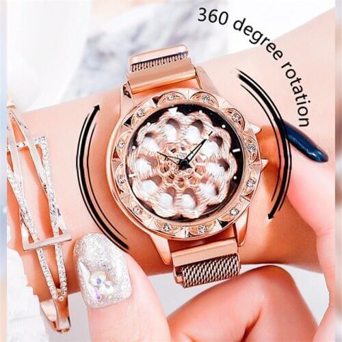 Hannah Martin 360 Degree Rotation Women Watch Mesh Starry Sky Ladies Watch Luxury Fashion Geometric Quartz Watch Clock FD2617