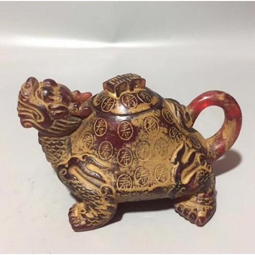 Chinese Handmade Amber Dragon Turtle Tortoise Teapot Health Auspicious Kettle Wine Pot Geomantic Decoration Animal Statue
