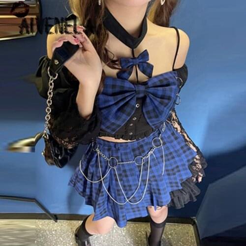 Harajuku Rock Hiphop Girl Party Suit Plaided Mini Pleated Skirt Halter Lace Long Sleeve Tops Hot Girls Clothes Set AFC1043