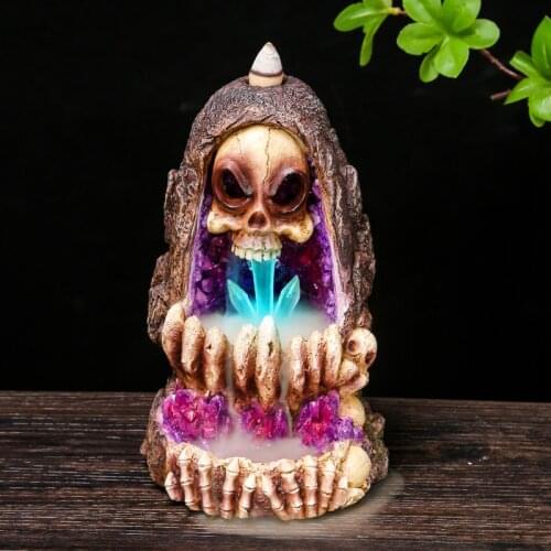 Backflow Incense Burner Fantasy Gifts Geode Skull LED Smoke Censer Nordic Resin Incense Holder for Home Halloween Decor Ornament