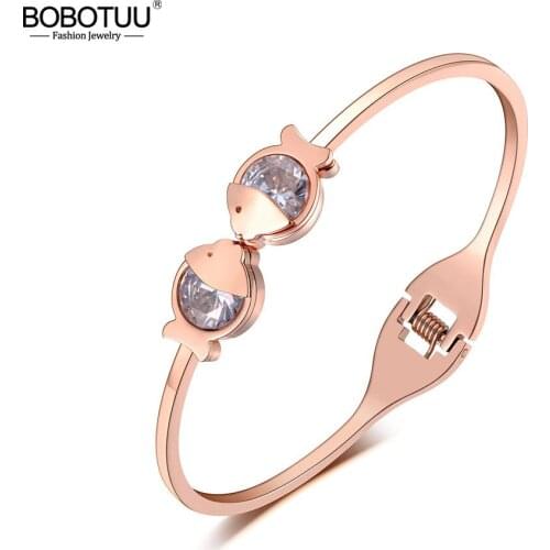 BOBOTUU Trendy Double Fish Stainless Steel Bangles Bracelets For Women Girls Cubic Zirconia Cuff Bangle Bracelet Jewelry BB19064