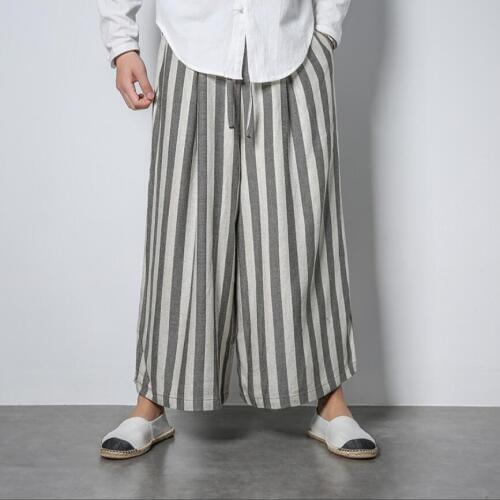 M-3xl New Summer Cotton Linen Wide Leg Pants Men Casual Pants Striped Skirt Trumpet Loose Straight Harem Pants Pantalon Hombre