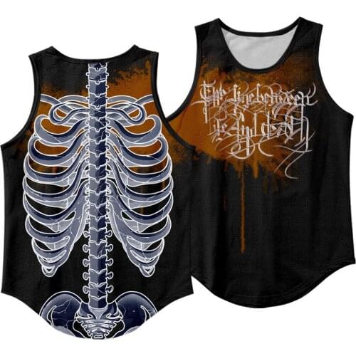 Mens Black Skeleton Print Sleeveless Vest Tank Tops Men Fashion Hip Hop Loose Round Neck Tank Top