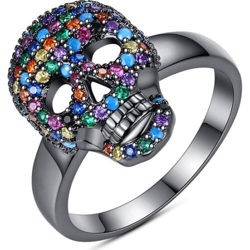 Fashion Hip Hop Jewelry Punk Colorful CZ Skeleton Devil Ring Black White Bling Zircon Skull Face Iced Rings for Men Fashio Biker