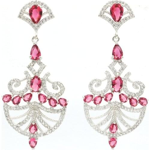 48x25mm SheCrown Jewelry Set Created Pink Raspberry Rhodolite Garnet Cubic Zircon Silver Pendant Daily Wear Eye Catching