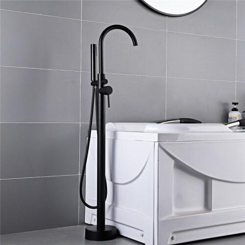 Floor Standing Bathtub Faucet Black High Rise Round Spout Bath Mixer Floor Mounted Bathtub Filler Shower Roman Tub Faucet Set