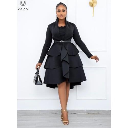 VAZN 2021 Fashion Women New High Street Style Short Dress Long Sleeve Lace Dress Pure Color Knee Length Ladies Dresses