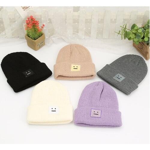 New Embroidery square smile winter knitted hats for women unisex skulliles beanies men baggy warm gorro thicken warm cap 2020