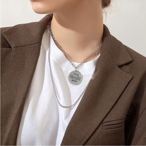 Silver Plated Alloy Round Pendant Necklace For Women Double Layer Metal Thick Chain Chokers Party Jewelry Gifts Bulk Punk Collar