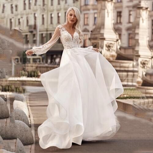 Summer Vintage Long Sleeve Bridal Dresses Gowns Lace Beach Wedding Dress Tulle Hot Sale Vestido de Noiva