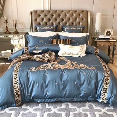 Luxury Blue 120S Egyptian cotton Embroidery Royal Bedding sets Queen King Best Duvet cover Bed sheet set Pillowcases 4/6pcs