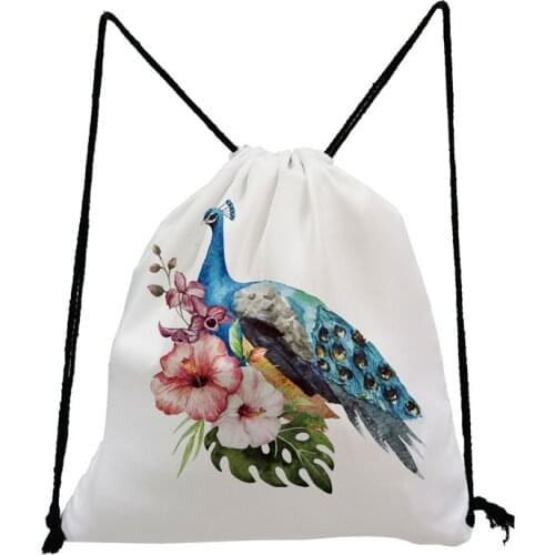 Peacock Floral Print Backpack Unisex Pretty Drawstring Bags Preppy Style Storage Bag Portable Shoe Bag to School Simple Book Bag