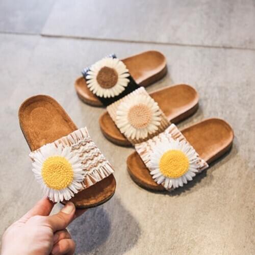 Summer Girls Kids Cork Slides with Small Daisies Flower Rubber Sole Sandals Comfort Outdoor Anti-Slipper Breathable Beach Shoes