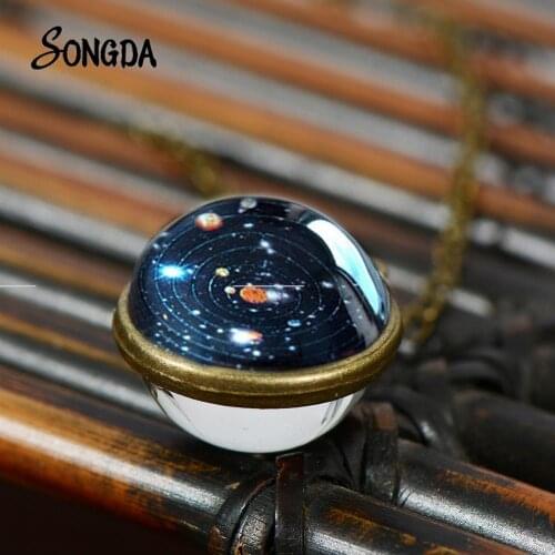 Solar System Planet Glass Ball Necklace Universe Galaxy Astronomy Series Creative Pendant Silver Plated Charm Jewelry